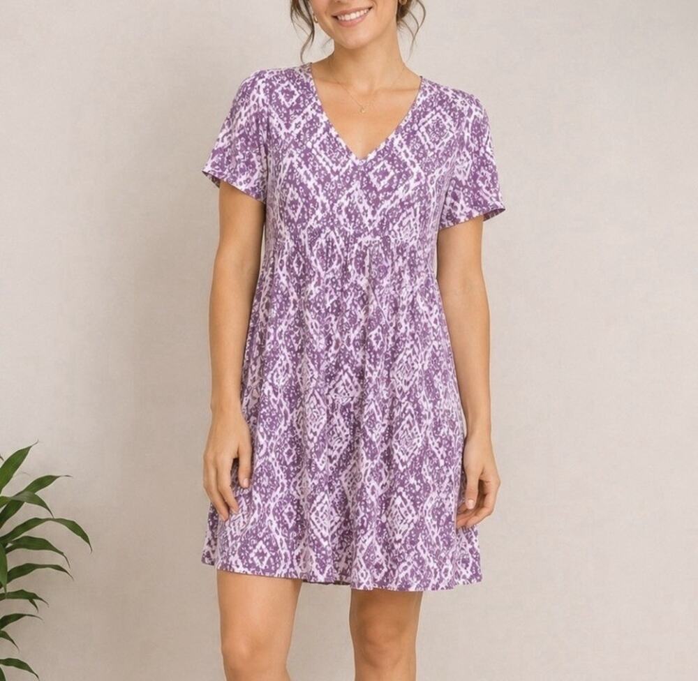NWT Altar’d State Women’s Purple White Ikat Floral Babydoll Mini Dress XS